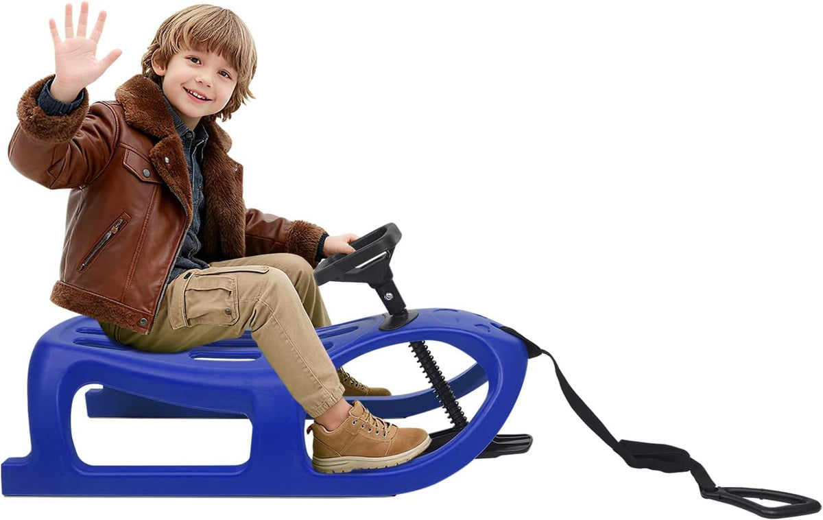 Snow Sled for Kids - Single Rider Winter Sleigh Kids Sled with Pull Rope and Steering Wheel -Outdoor Plastic Winter Sleigh Resistant 220lbs Capacity