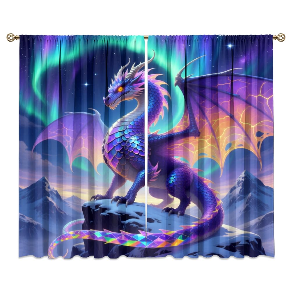 Dreamy Ice Fire Dragon Rod Pocket Curtains-Fantasy Yin Yang Theme Blackout Curtains & Drapes for Bedroom,Mythological Wild Animals Dragon Room Darkening Window Curtain,2pcs,Each 52“W x 96”L