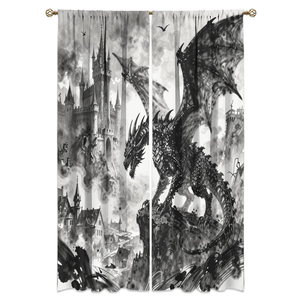 Dreamy Ice Fire Dragon Rod Pocket Curtains-Fantasy Yin Yang Theme Blackout Curtains & Drapes for Bedroom,Mythological Wild Animals Dragon Room Darkening Window Curtain,2pcs,Each 52“W x 96”L