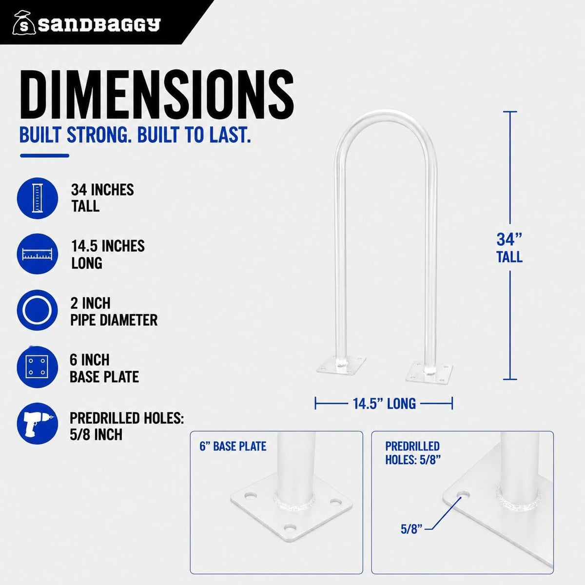 Sandbaggy U Shaped Bike Rack - Outdoor, Commercial - Steel - Surface/Ground Mounted (1, White)