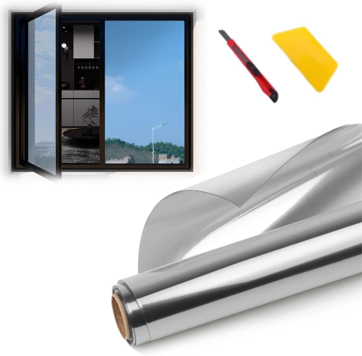 Mirror Window Tint Film, One Way Window Film Privacy, Static Cling Window Tint, Heat Daytime Privacy Film for Glass Windows, UV Reflective Anti Glare Film Clear, Sun Blocker, No Glue Static Cling(90*5