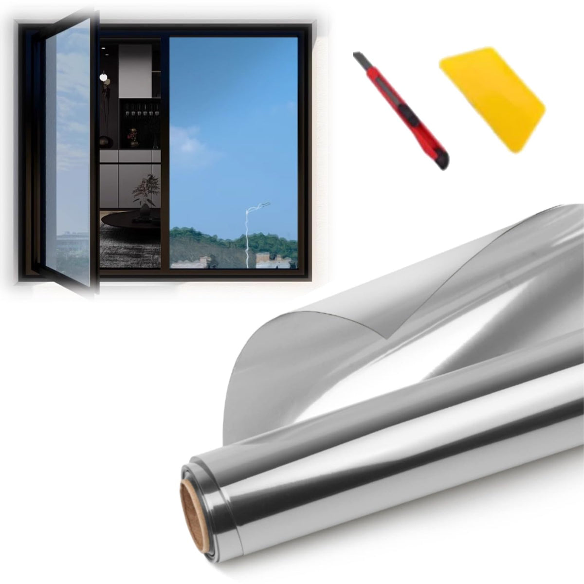 Mirror Window Tint Film, One Way Window Film Privacy, Static Cling Window Tint, Heat Daytime Privacy Film for Glass Windows, UV Reflective Anti Glare Film Clear, Sun Blocker, No Glue Static Cling(90*5