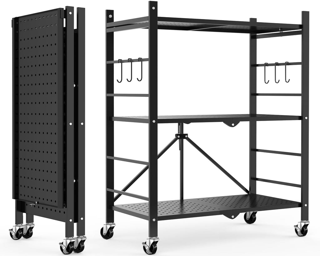 Himix 5-Tier Foldable Storage Shelves with 20 Hooks Wheels Kitchen Black
