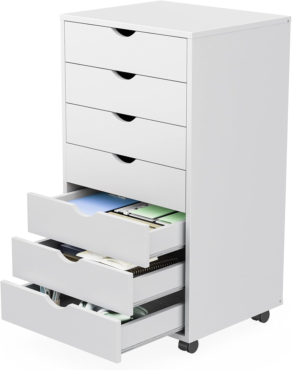 Sweetcrispy 7 Drawer Rolling Storage Cabinet, Wood Under Desk Mobile Dresser with Wheels, Small Organizer Chest for Home Office, Bedroom, Living Room, Compact Vertical Storage Furniture Unit, White