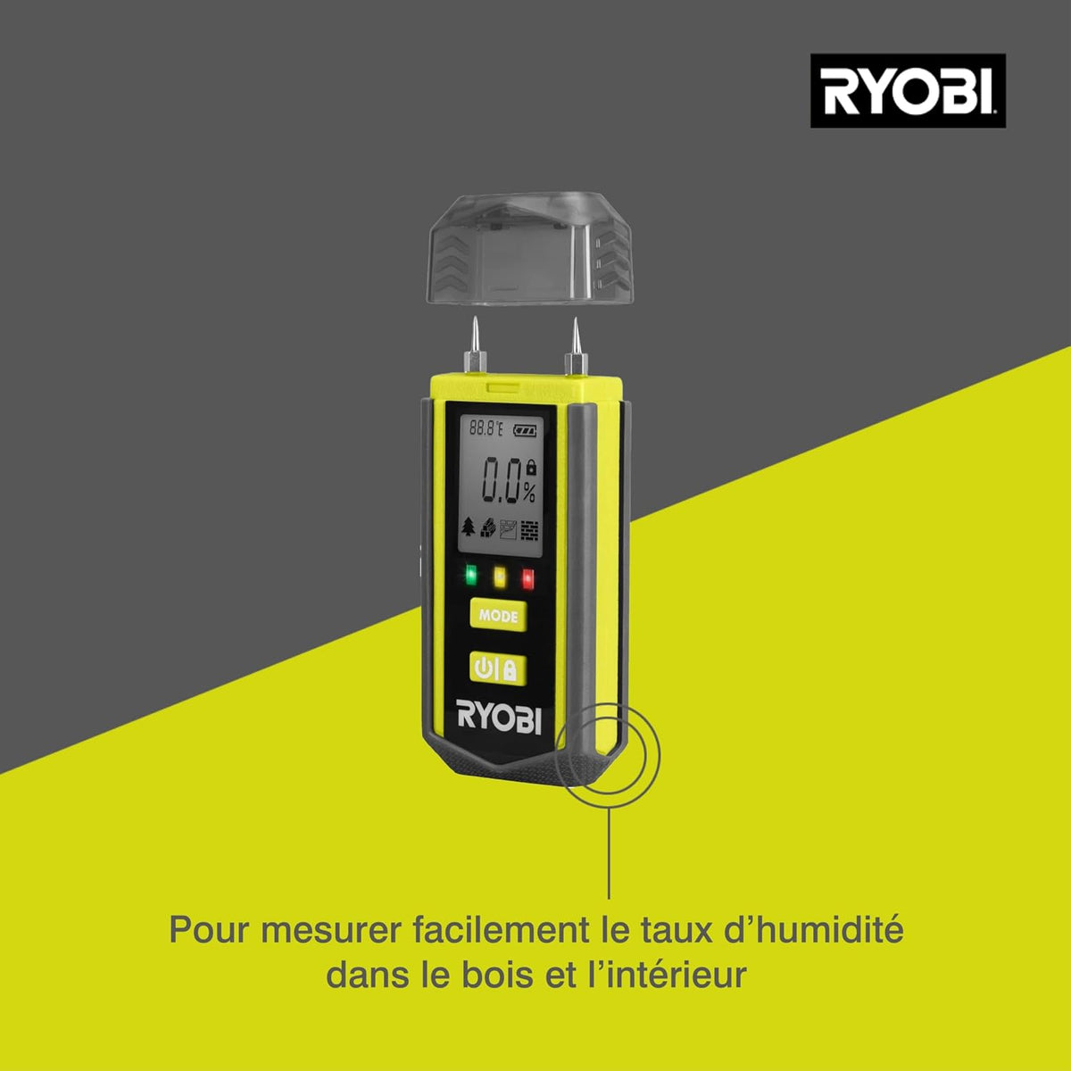 RYOBI - RBPINMM1 Moisture Tester – Wood and Building Materials Detection, Large LCD Display, Compact, Perfect Renovation