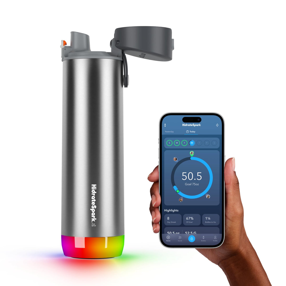 Hidrate Spark PRO Smart Water Bottle - Tracks Water Intake & Glows to Remind You to Stay Hydrated, Chug & Straw lid, 21oz (Black)