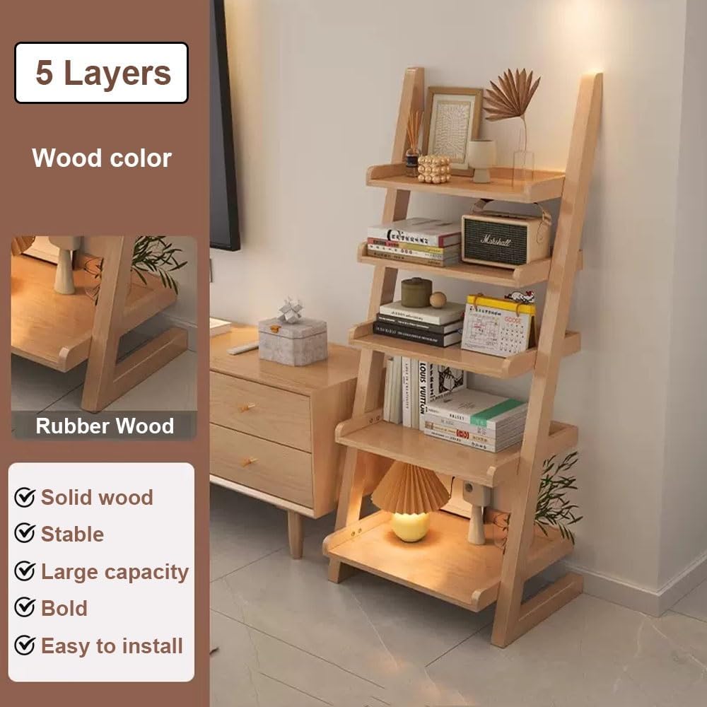 23.6x11.4x55in Ladder Bookshelf L-Shaped Leaning Bookcase Heavy Duty Solid Wood Floor Standing Storage Shelving Unit 5-Tier Bookshelves Shelf Organizer(Wood)