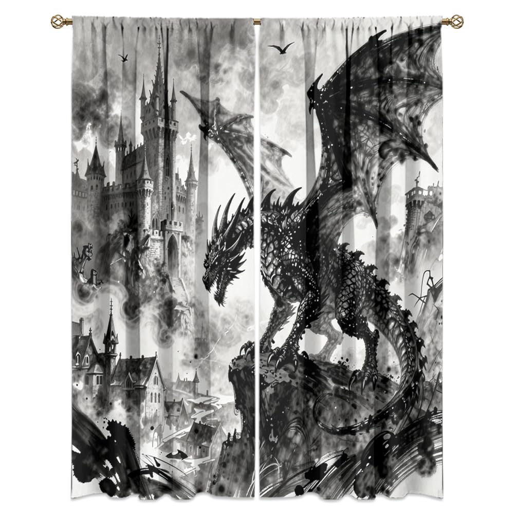 Fantasy Mythical Animal Dragon Curtains,Dreamy Galaxy Full Moon Room Darkening Blackout Window Treatment,Mythological Wildlife Dragon Rod-Pocket Privacy Curtains,2pcs,Each 52“W x 96”L