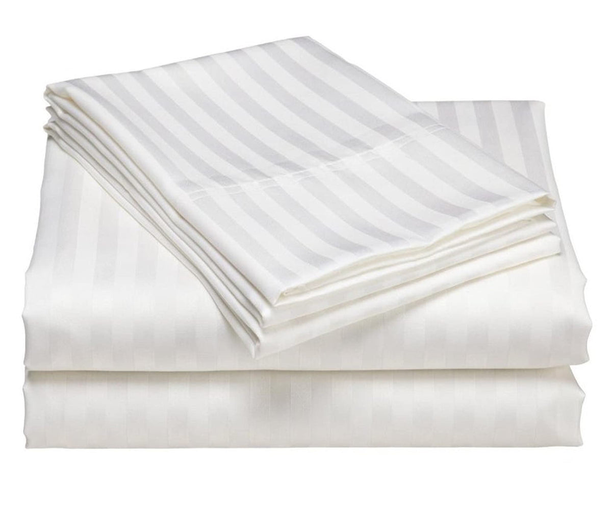 USA Short Queen Sheet Set in Light Grey Stripe 400 Thread-Count 100% Egyptian Long Staple Cotton, Sateen Weave for Soft and Silky Feel, Breathable 4-Piece Bedsheet, Elasticized 24'' Extra Deep Pocket