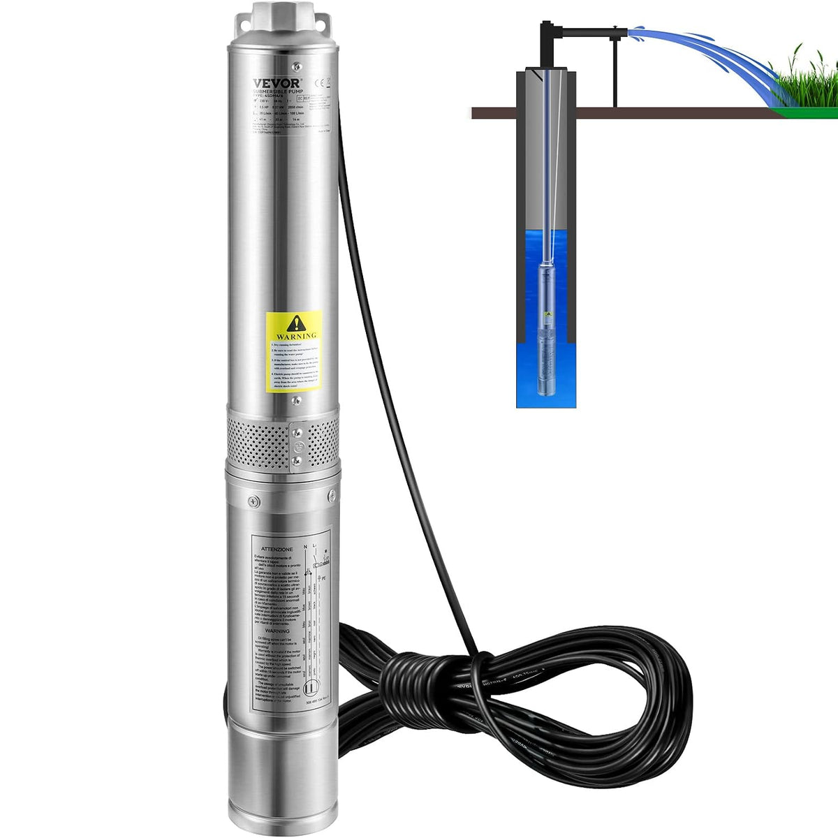 VEVOR Deep Well Submersible Pump, 2HP/1500W 230V/60Hz, 37GPM Flow 427 ft Head, with 33 ft Electric Cord, 4 inch Stainless Steel Water Pumps for Industrial, Irrigation & Home Use, IP68 Waterproof Grade