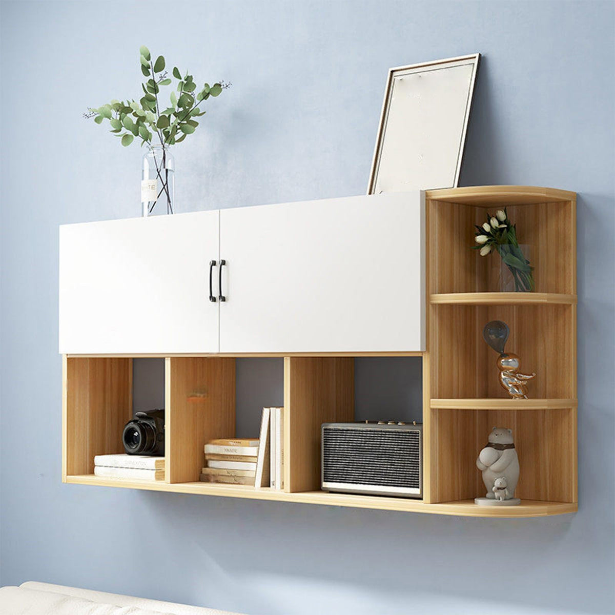Floating Wall Storage Cabinet, Wall Mounted Bookshelf with Cabinet Doors and Open Shelving, Corner Wall Organizer for Bedroom Living Room Home Office(Black,120x65cm/47.2x25.6in)