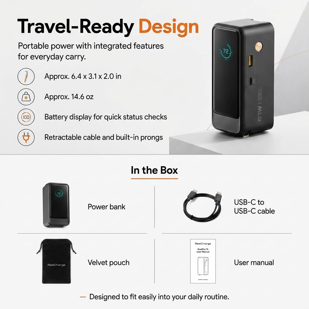 ReelPro Portable Charger Power Bank 15000mAh, 67W Built in Cable
