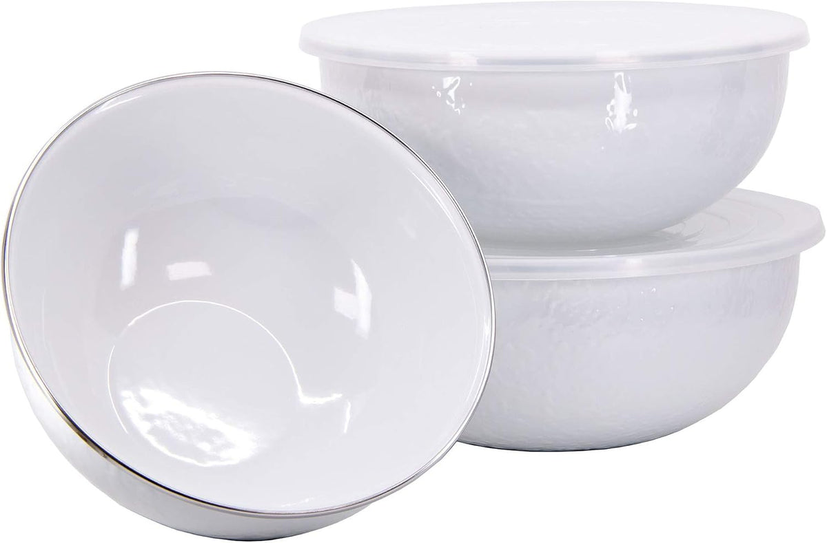 Golden Rabbit Enamelware Nested Mixing Bowls with Lids, Set of 3, Solid White Textured