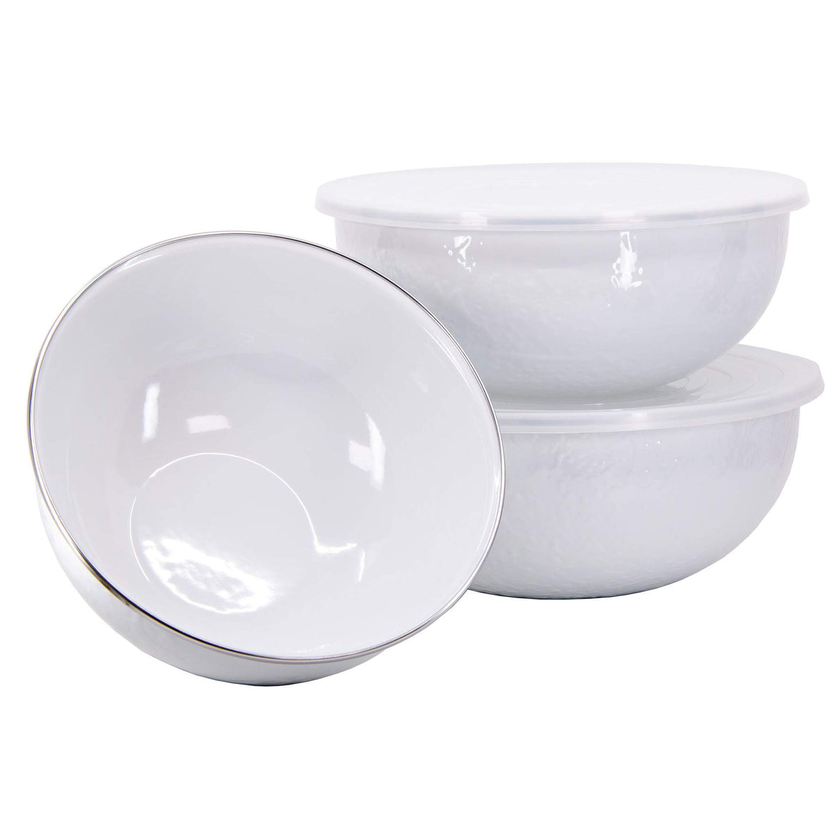 Golden Rabbit Enamelware Nested Mixing Bowls with Lids, Set of 3, Cobalt Swirl