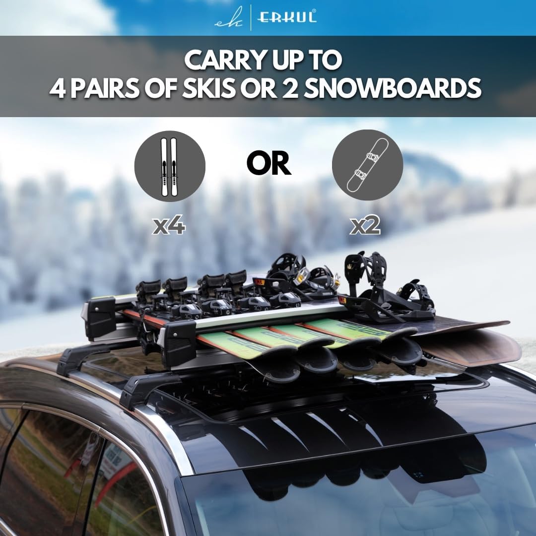 Erkul Ski Rack for Car Roof with Sliding Extension - 25" Universal Ski & Snowboard Rack with Lock | Holds 4 Pairs of Skis or 2 Snowboards - Fits All Types of Cross Bars