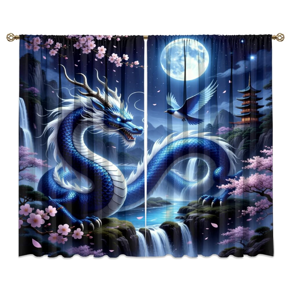 Traditional Ukiyoe Wildlife Dragon Curtains-Dreamy Ancient Japan Architecture Rod Pocket Back Tab Window Drapes,Japanese Samurai Thermal Insulated Blackout Curtain,2pcs,Each 52“W x 96”L