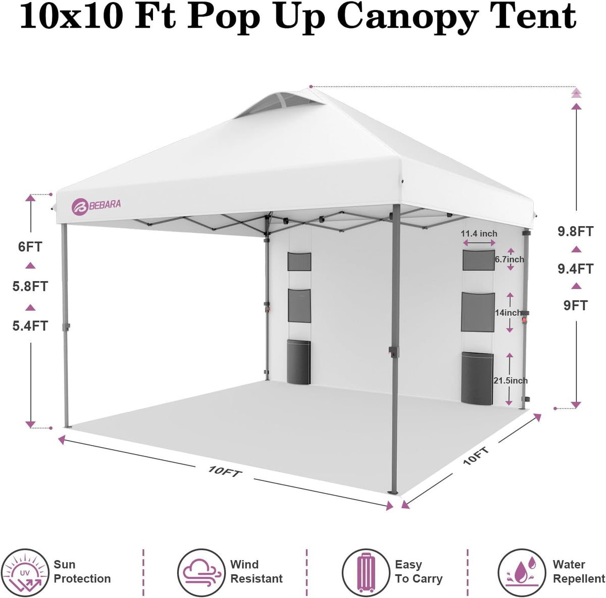 10x10 Pop Up Canopy with Sidewall, One Push Easy Setup, White