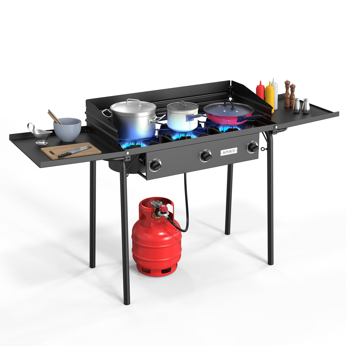 ROVSUN 2 Burner Gas Stove with Side Shelves, 150,000 BTU Portable Propane Stove with Removable Legs, Wind Panels & Regulator for Camping Home Backyard Cooking Brewing Canning Turkey Frying