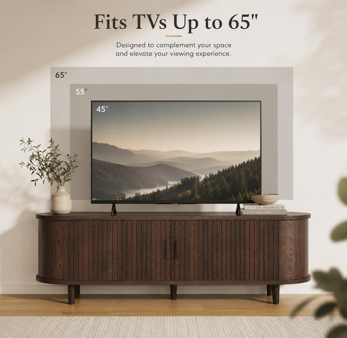 MXV 58" Mid-Century Modern TV Stand with Sliding Doors, TV Consoles with Power Outlet, Fluted Entertainment Center with Adjustable Shelves for Living Room