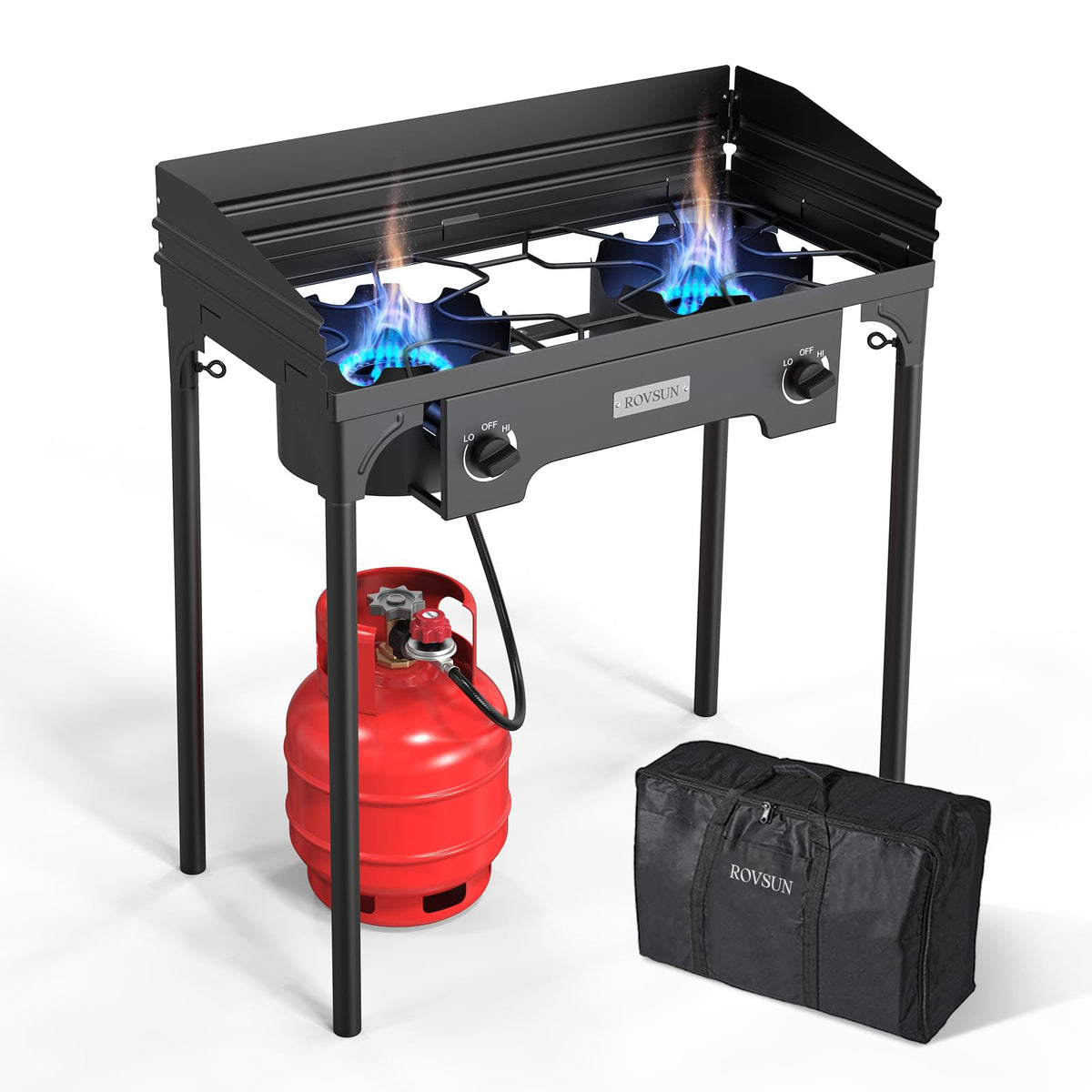 ROVSUN 2 Burner Outdoor Propane Gas Stove with Adjustable Regulator, 150,000 BTU High Pressure Stand Cooker for Backyard Cooking Camping Home Brewing Canning Turkey Frying