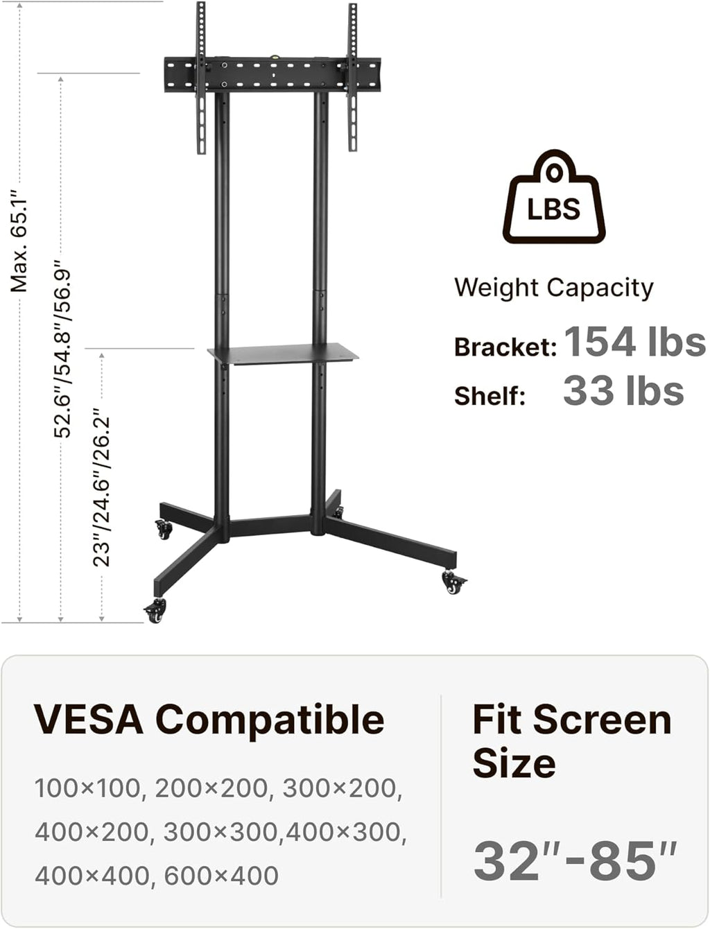 Heavy-Duty Rolling TV Stand for 32-85" TVs, 187 lbs