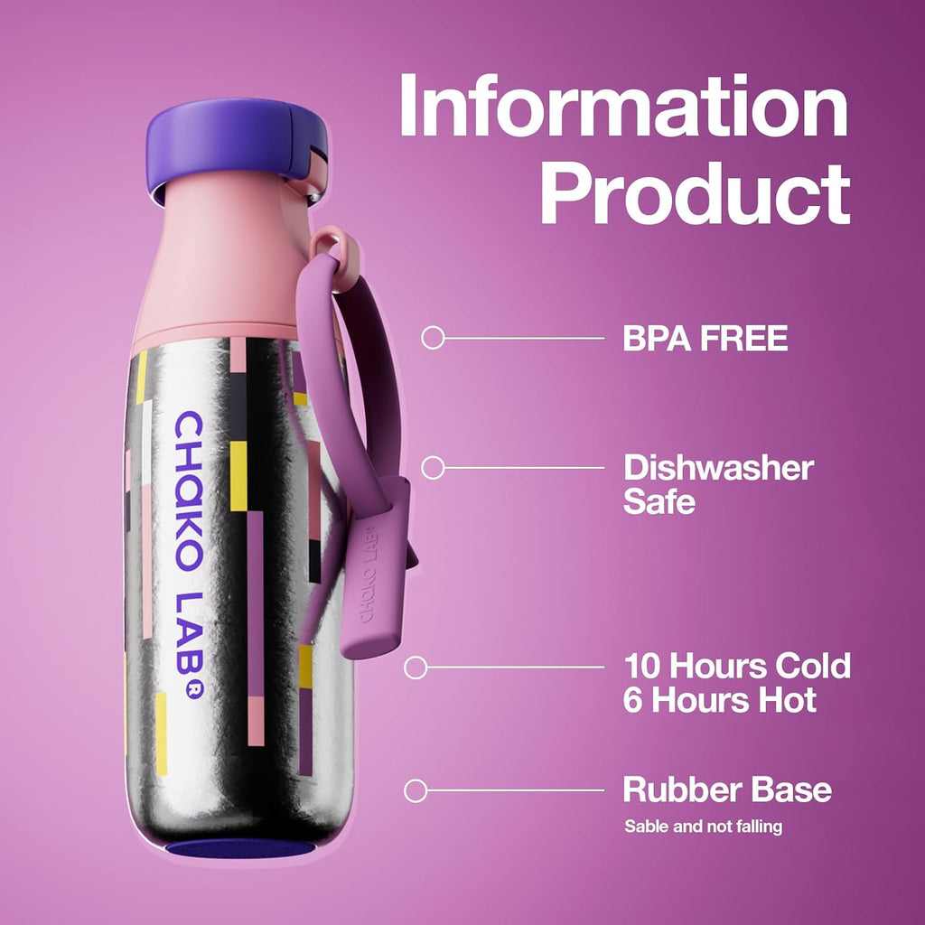 CHAKO LAB Insulated Ti Water Bottle with Two Strap (Purple & Pink)