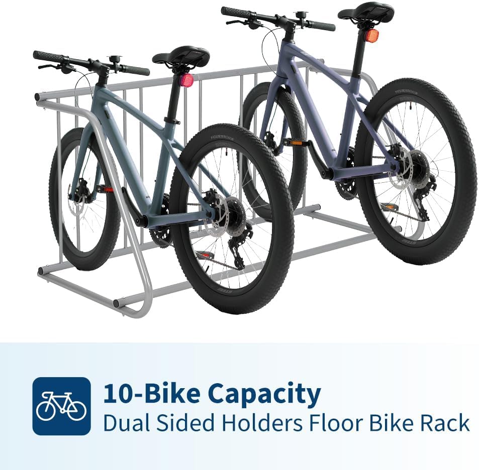 Heavy Duty Double-Sided 10-Bike Floor Rack Organizer – 60" Freestanding All-Steel Two-wheeler Storage Stand – Easy Assembly, Stable Space-Saving Solution for Garage, Street, Yard, Events – Gray