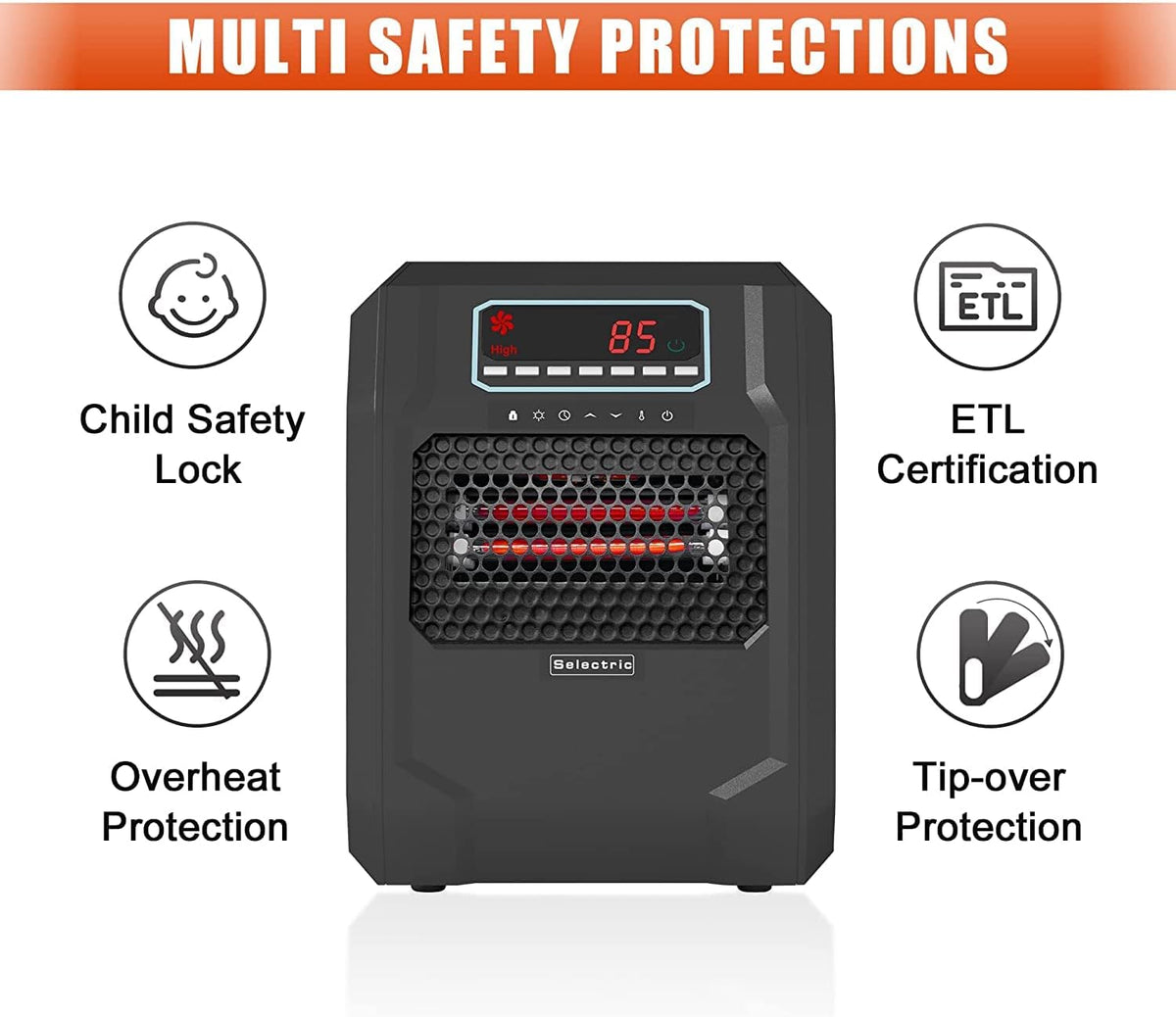 VOLTORB Freestanding Portable Electric Space Heater for Bedroom or Indoor Use with LED Display, Remote Control, and Fan Only Mode, Black