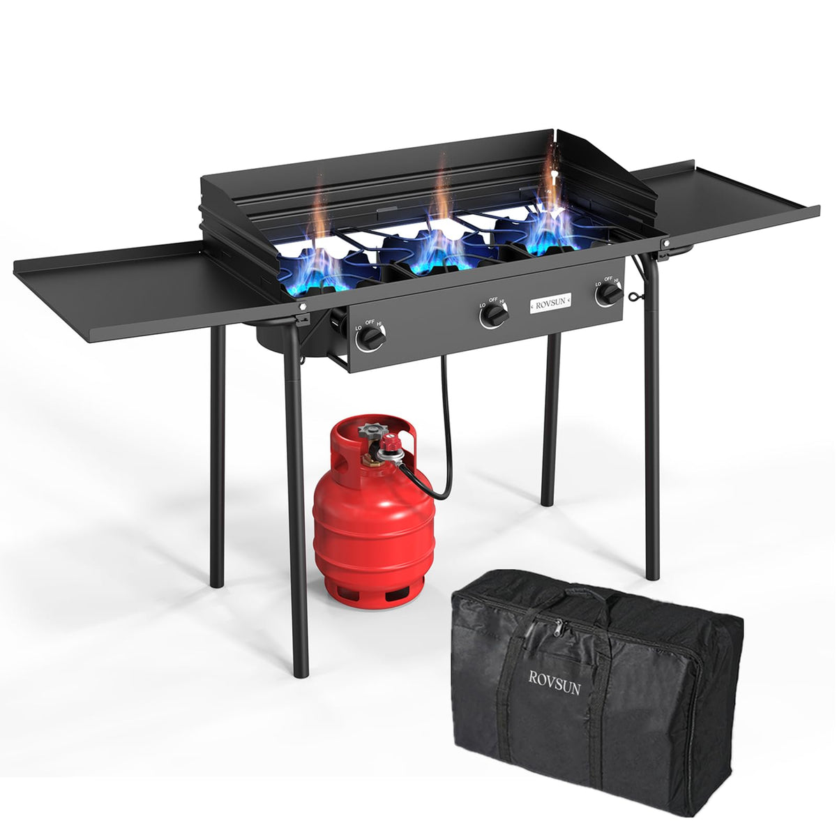 ROVSUN 3 Burner Outdoor Propane Gas Stove with Windscreen, 2 Shelves & Bag