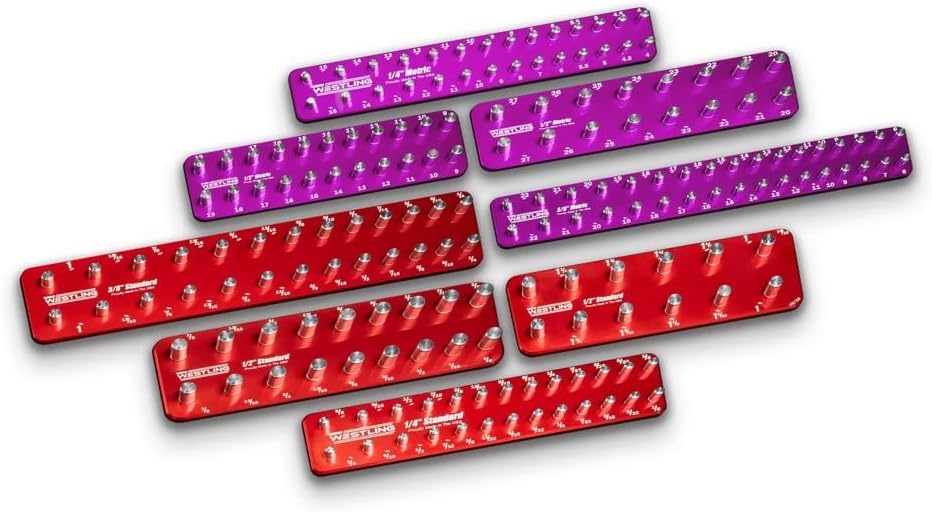 Westling USA Premium Aluminum Starter 8 Piece Socket Tray/Organizer Set, Holds 152 Standard and Metric Sockets (Red/Purple, 2 Row)