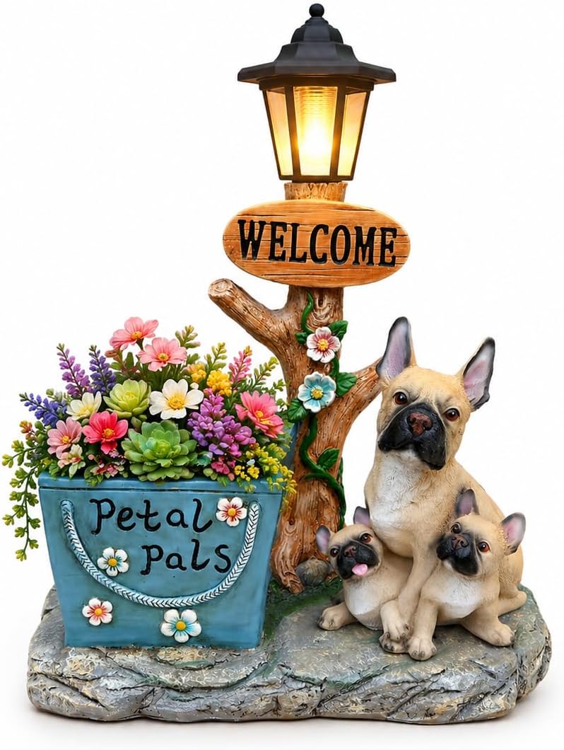 Solar French Bulldog Statue with Welcome Sign & Lantern, 3 Dogs Garden Figurine Planter Pot, Realistic Outdoor LED Light for Porch, Yard Art & Lawn Decor, Unique Gift for Dog Lovers