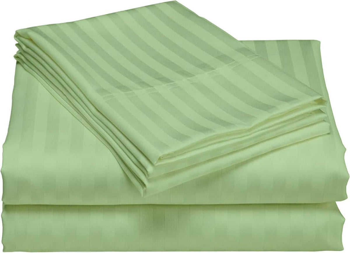 USA Short Queen Sheet Set in Sage Green Stripe 400 Thread-Count 100% Egyptian Long Staple Cotton, Sateen Weave for Soft and Silky Feel, Breathable 4-Piece Bedsheet, Elasticized 24'' Extra Deep Pocket