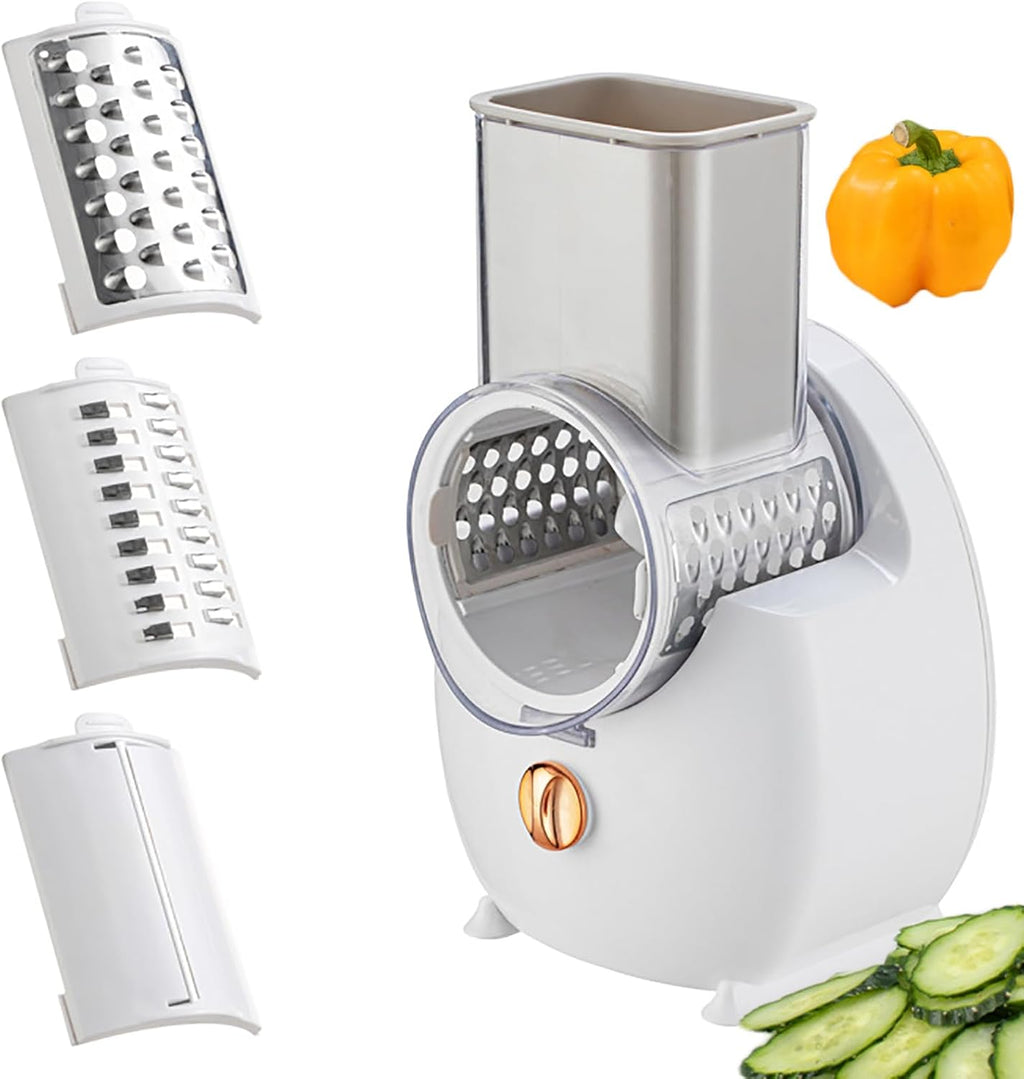 Electric Cheese Grater Vegetable Slicer, Rechargeable Rotary Grater Salad Maker with 3 Interchangeable Blades, Durable Material and Cutting Efficiently, for Kitchen, Camping, Restaurant