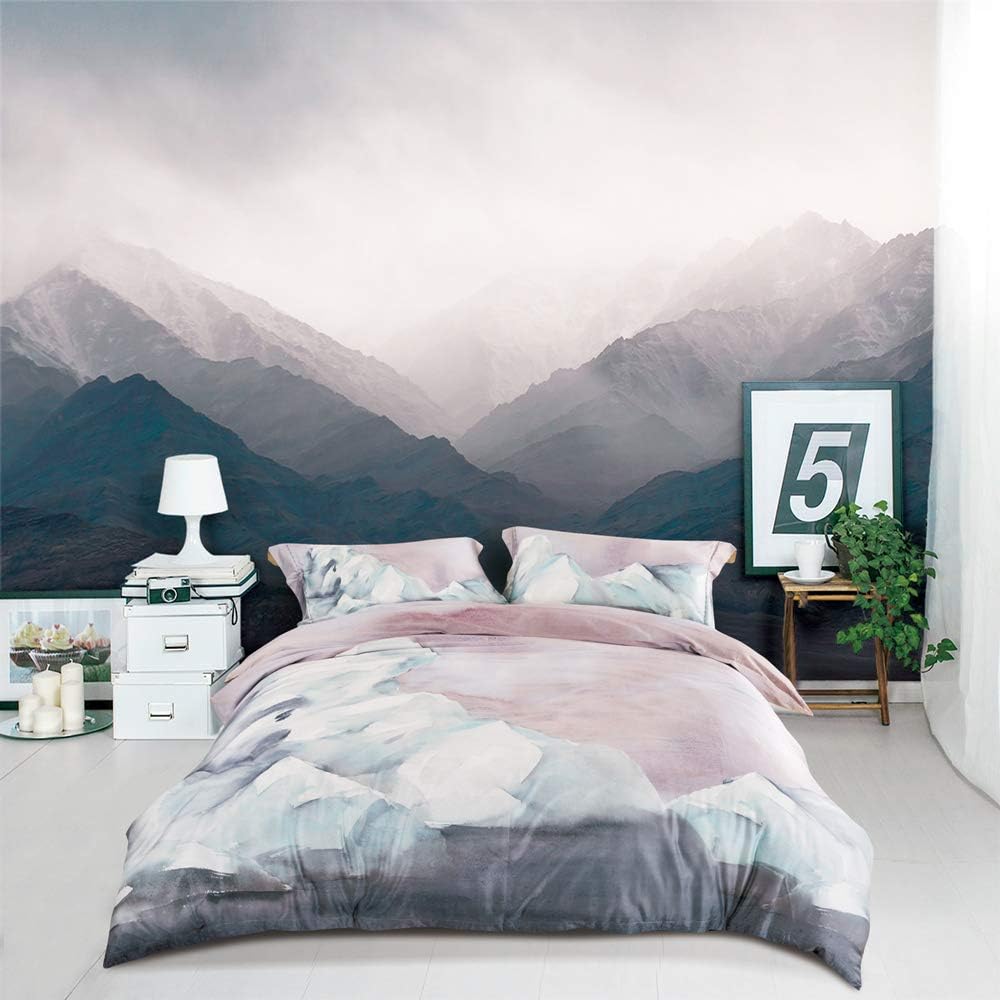 MILDLY White Floral Green Leaves Luxury Duvet Cover Set 3pcs King