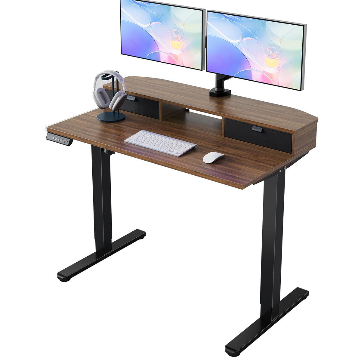 HUANUO 48″ x 28″ Electric Standing Desk with 2 Drawers, C-Clamp Mount Compatible, Height Adjustable Computer Desk, Home Office Stand Up Desk with 4 Preset Heights & 2 Hooks, Black