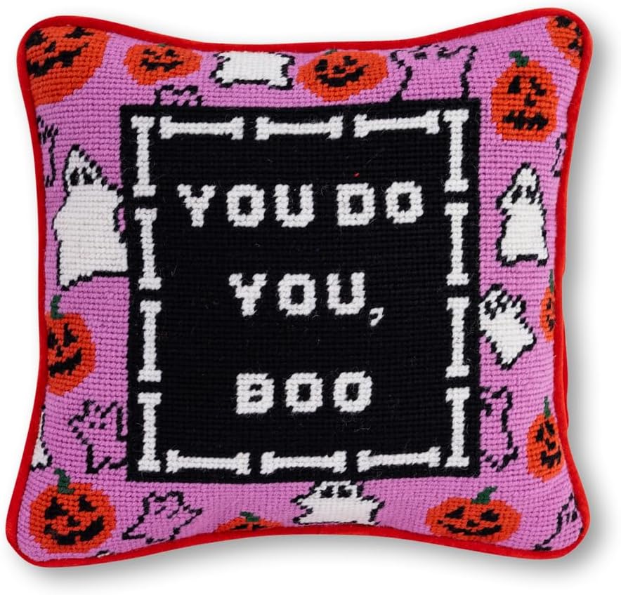 FURBISH Needlepoint Decorative Throw Pillow - Boo - 11"x11" - Small Embroidered Halloween Pillow for Living Room, Couch, Sofa, Chair & Bed - Eclectic Halloween Decor