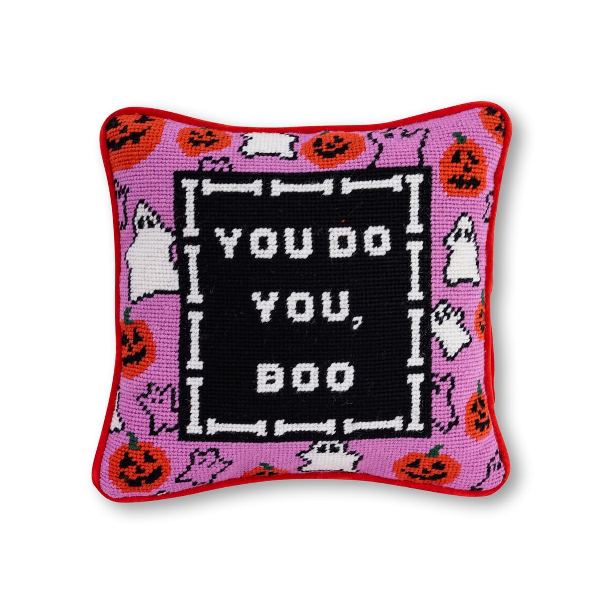 FURBISH Needlepoint Decorative Throw Pillow - Boo - 11"x11" - Small Embroidered Halloween Pillow for Living Room, Couch, Sofa, Chair & Bed - Eclectic Halloween Decor
