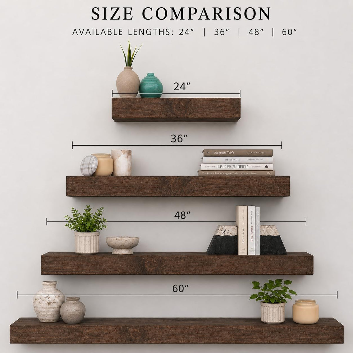 Urbandi Modern Floating Shelves 3 Inches Thick for Wall, Wide Shelves for Kitchen, Living Room, Bedroom, and Bathroom, Natural Pine Wood, Rustic Wooden Shelf, (Set of 2) (Provincial, 24Lx3Hx8D)
