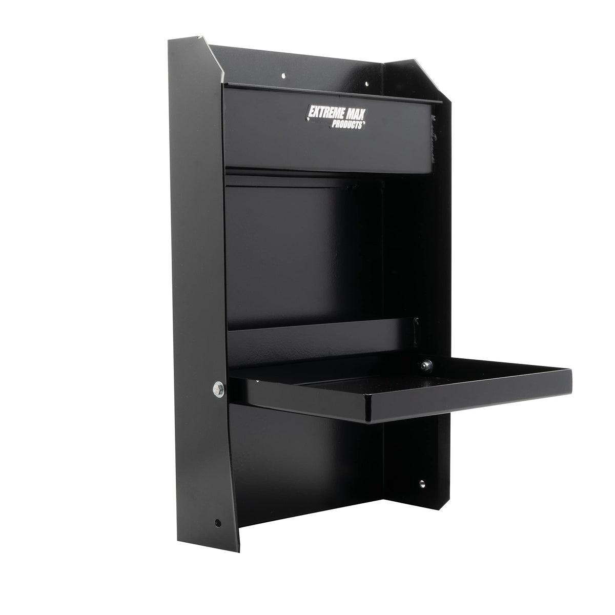 Extreme Max 5001.6119 Junior Wall-Mount Aluminum Work Station Storage Cabinet Flip-Out Work Tray with Paper Towel Rack Organizer for Enclosed Race Trailer Shop Garage Storage - Black