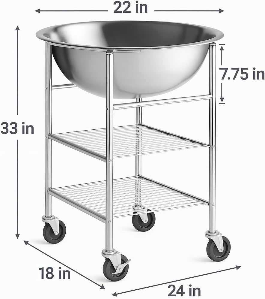 30 Qt. Stainless Steel Mixing Bowl and Stand Kit – Heavy Duty Commercial Mixing Bowl with Mobile Stand, Dual Shelves, and Locking Casters for Kitchen or Bakery Use