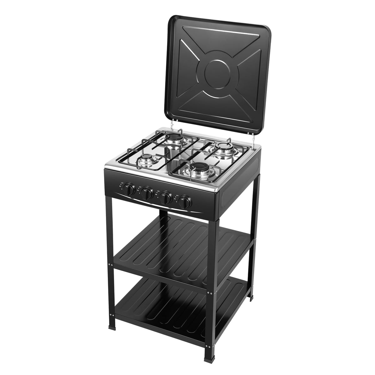 5 Burners Propane Camping Stove, 25 Inch Gas Stove, Natural Propane Stove Stand, Portable Camping BBQ Cooker with Storage Rack, 8500BTUs for Stir-frying Grilling Backyard Cooking (5 White)