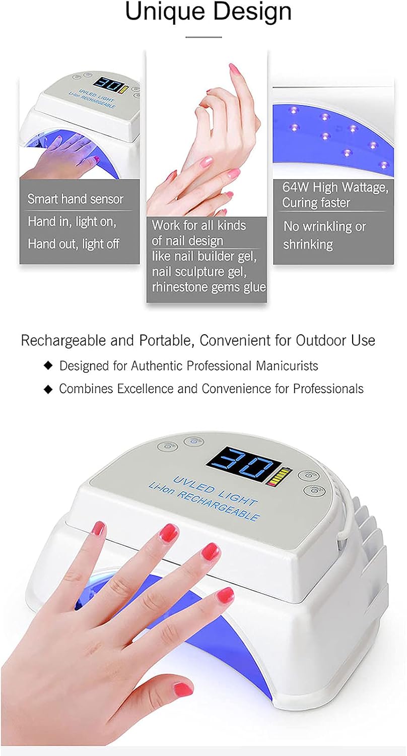 Professional Cordless LED Nail Lamp High Performance Rechargeable 64W Led UV Gel Nail Curing Light Nail Art Tool