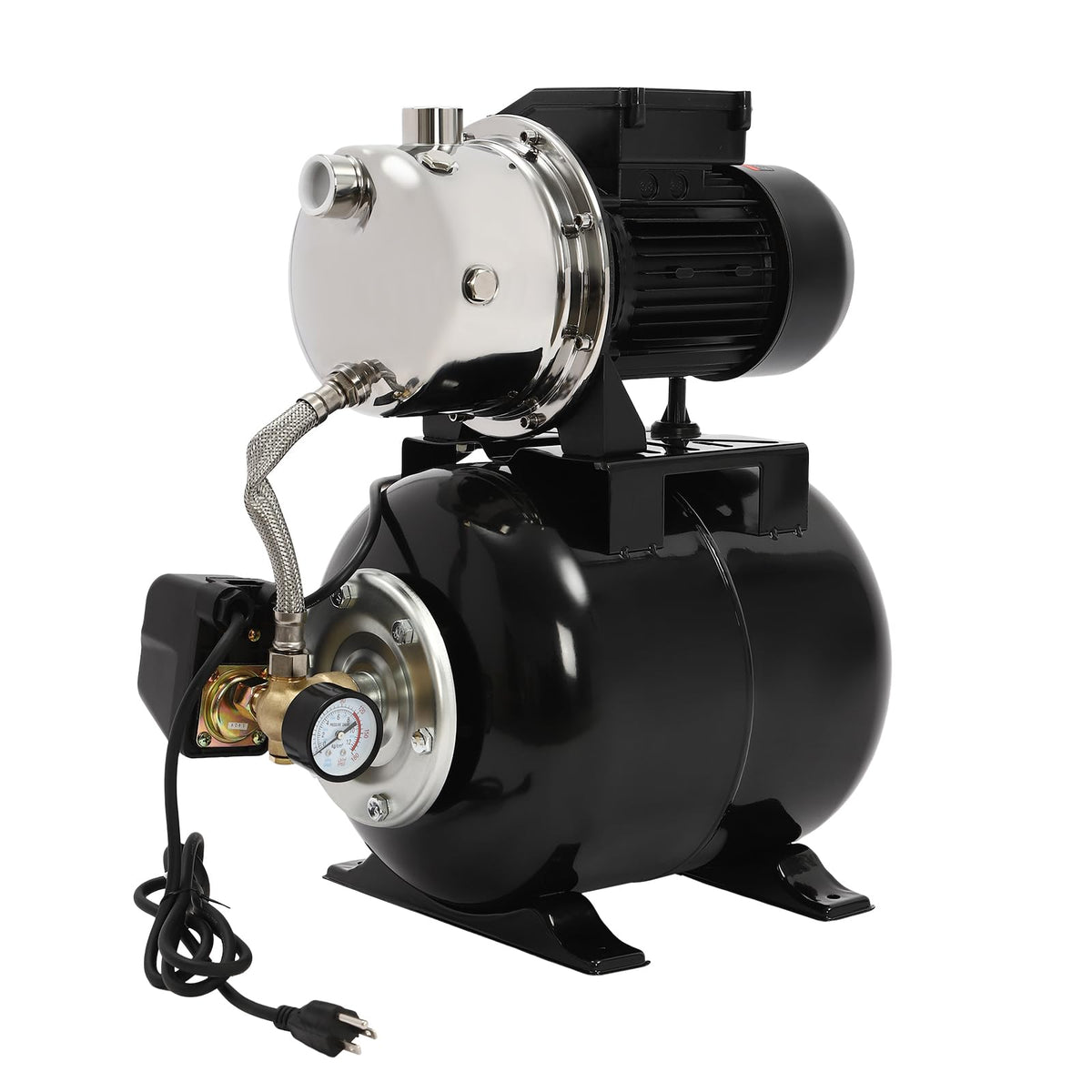 1HP Shallow Well Pump with Pressure Tank, 110V Irrigation Pump Garden Pump Stainless Steel Water Booster Jet Pump for Home Farm Lawn Irrigation Yard (Black)