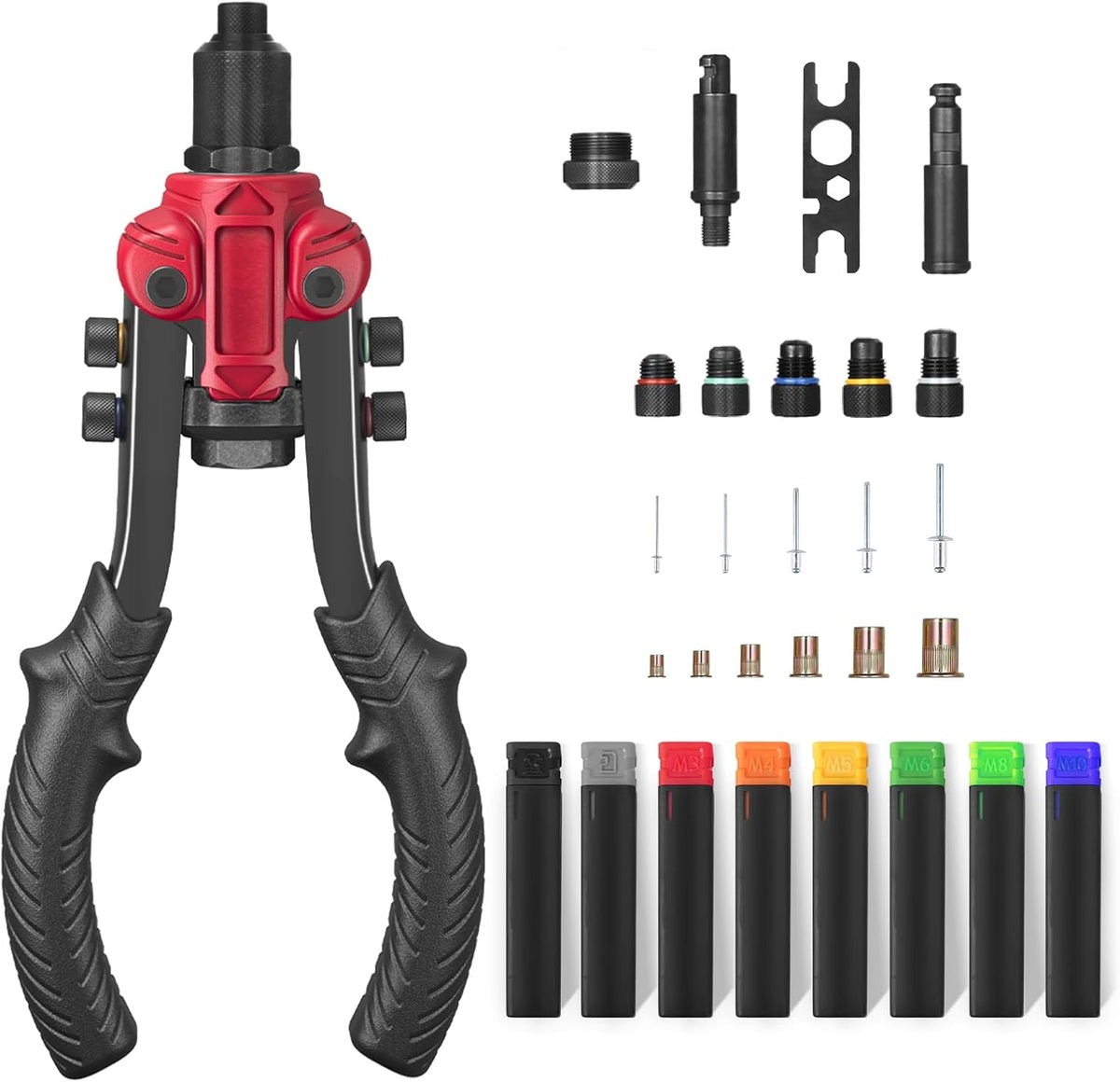 Rivet Nut Tool,3 in 1 Rivet Setter Kit,Rivet Nut Pliers Set with 6 Metric and SAE Mandrels,Including 60PCS Rivet Nuts, 50Pcs Rivets, Quick Change Head, 2 Reaming Mandrels