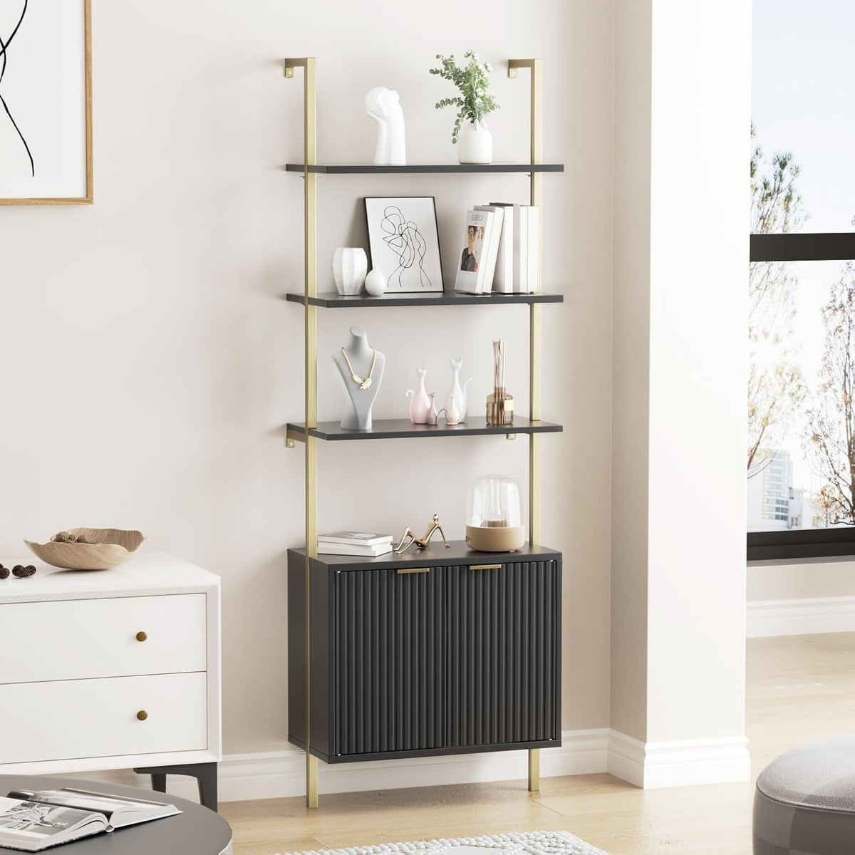 Halitaa 71”Ladder Shelf with Storage Cabinet, Wall Mounted Ladder Bookshelf
