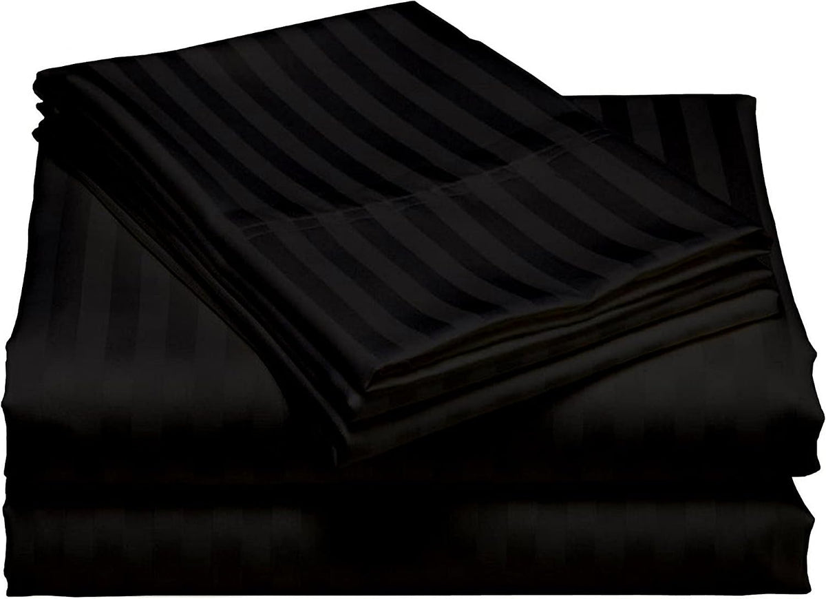 USA Full XL Sheet Set in Black Stripe 400 Thread-Count 100% Egyptian Long Staple Cotton, Sateen Weave for Soft and Silky Feel, Breathable 4-Piece Bedsheet, Elasticized 24'' Extra Deep Pocket