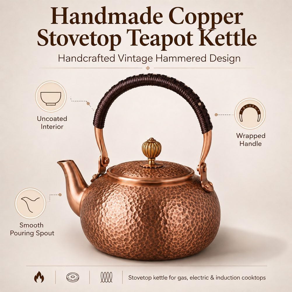 Handmade Copper Stovetop Teapot Kettle, Solid Copper Tea Kettle with Vintage Hammer Design, Thickened Household Boiling Teapot for Induction, Electric, Easy to Clean (B*1500ML)
