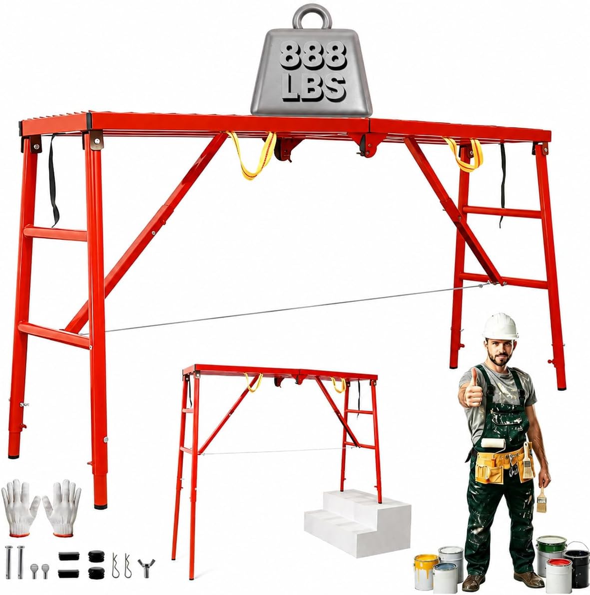 Scaffolding Platform Ladder 74” x 20” x 60”, 888LBS Heavy-Duty Steel, 5-Level Adjustable Anti-Slip Portable Scaffolding Platform, Foldable Scaffolding Work Platform for Warehouse Use