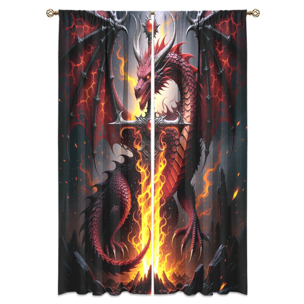 Dreamy Pink Wildlife Dragon Curtains-Fantasy Medieval Castle Rod Pocket Back Tab Window Drapes,Mythological Dragon Floral Roses Thermal Insulated Blackout Curtain,2pcs,Each 52“W x 96”L