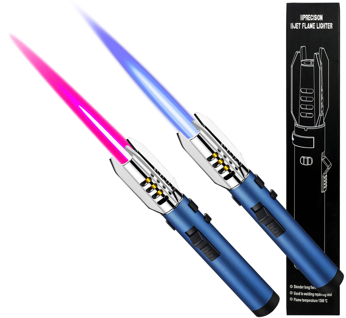 Torch Lighter 2 Pack Red+Blue Straight Flame Long Torch Lighter Bright Fire Butane Refillable Windproof with Flame Adjustable and Safety Lock for Camping Candles Cooking Outdoor Gift, 8"(Without Fuel)